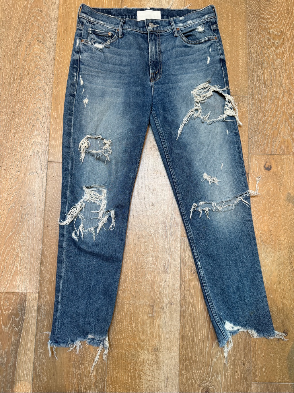 Mother Distressed Straight-Leg Jeans In Dark Blue